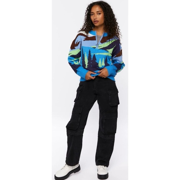 Forever 21 Intarsia Landscape Half-Zip Ski Sweater Double Lined Medium - Picture 2 of 9